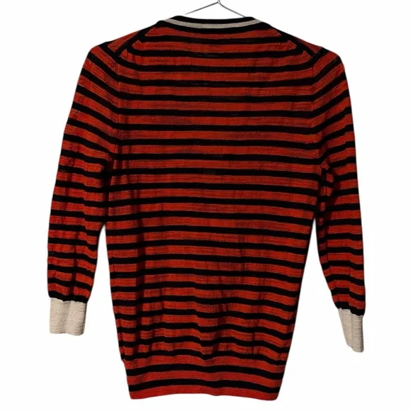 J. Crew Red and Black Striped V-Neck Cardigan Sweater with Cream Cuffs - Picture 3 of 5